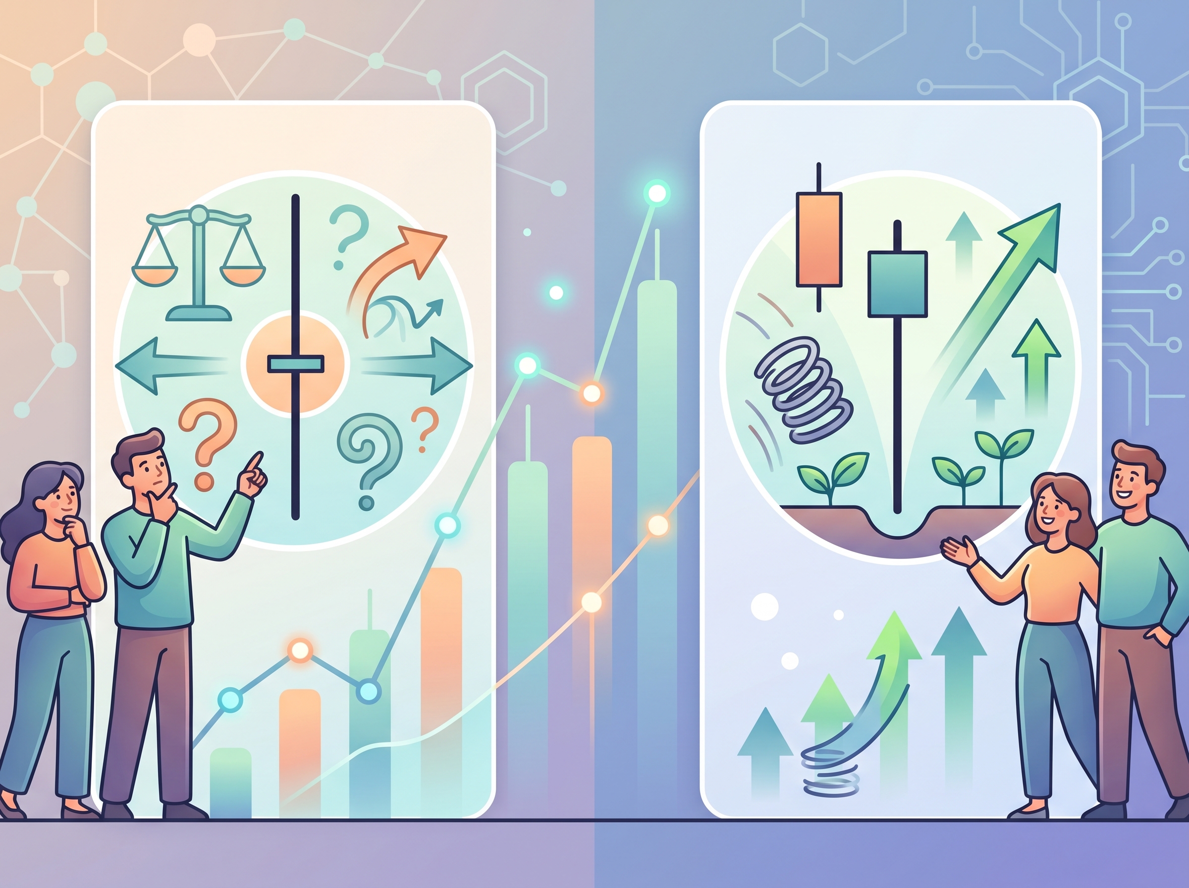 Examples of doji and hammer candlestick patterns