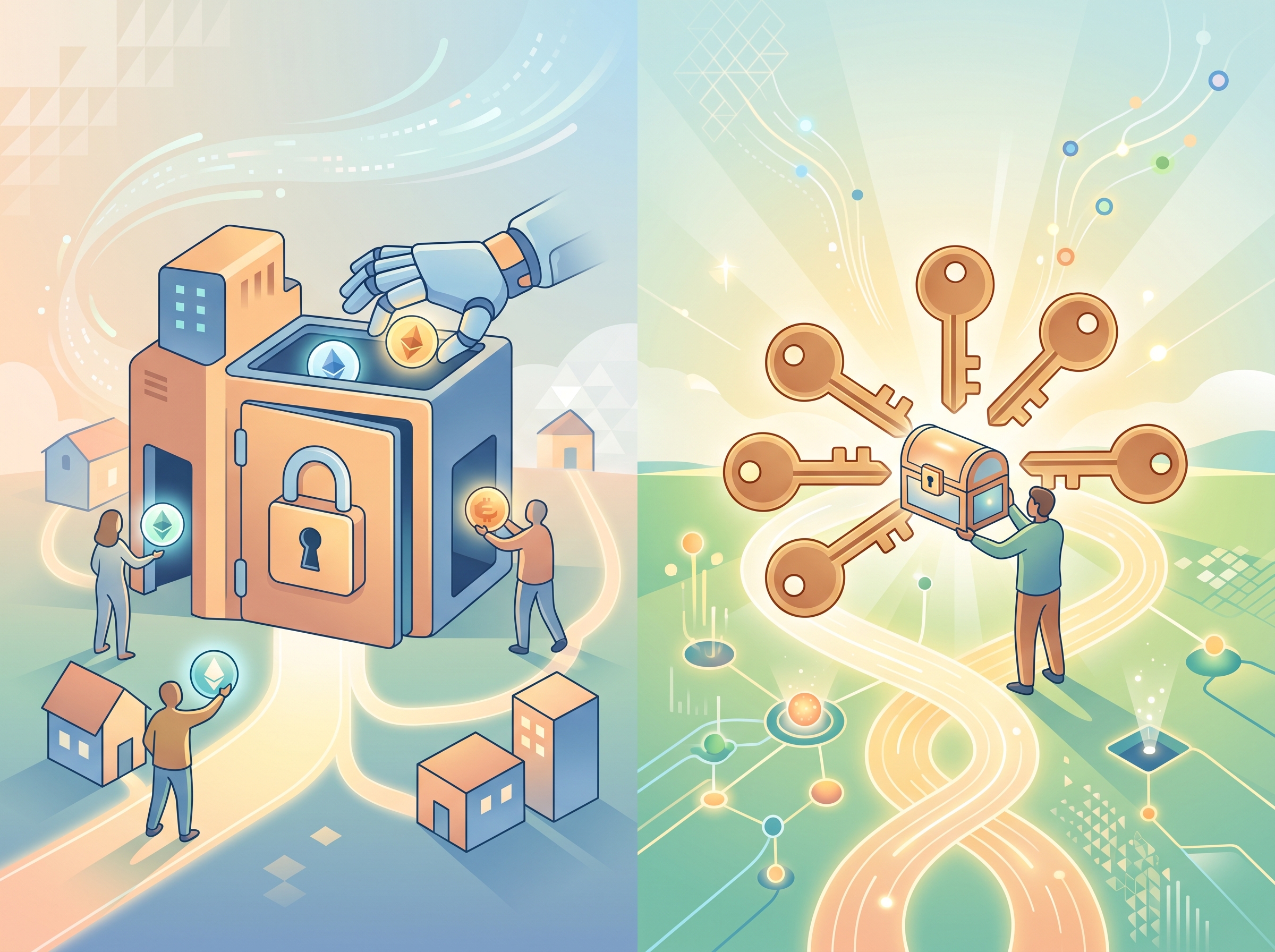 Illustration of custodial vs. non-custodial wallet concept
