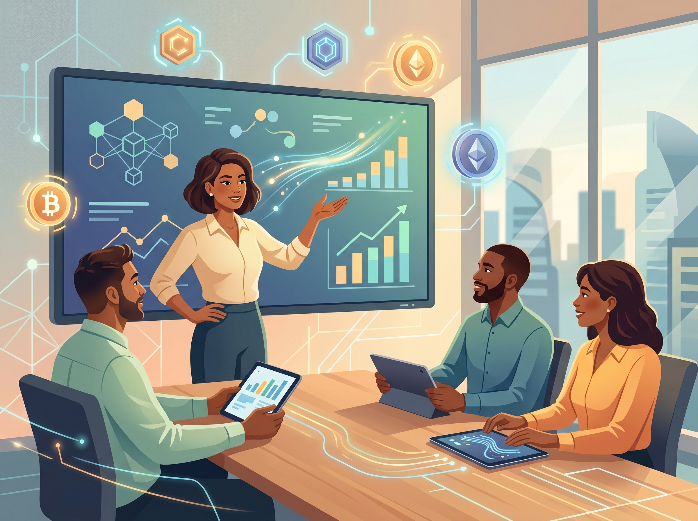 Adult professionals discussing Bitcoin