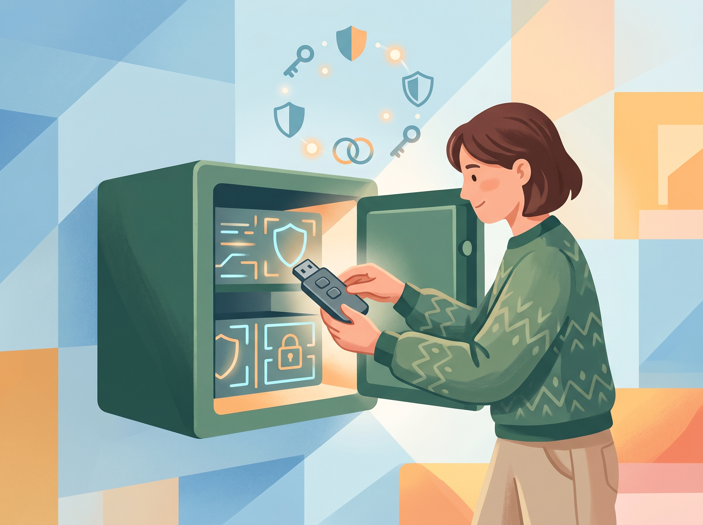Illustration of a person securing a hardware wallet