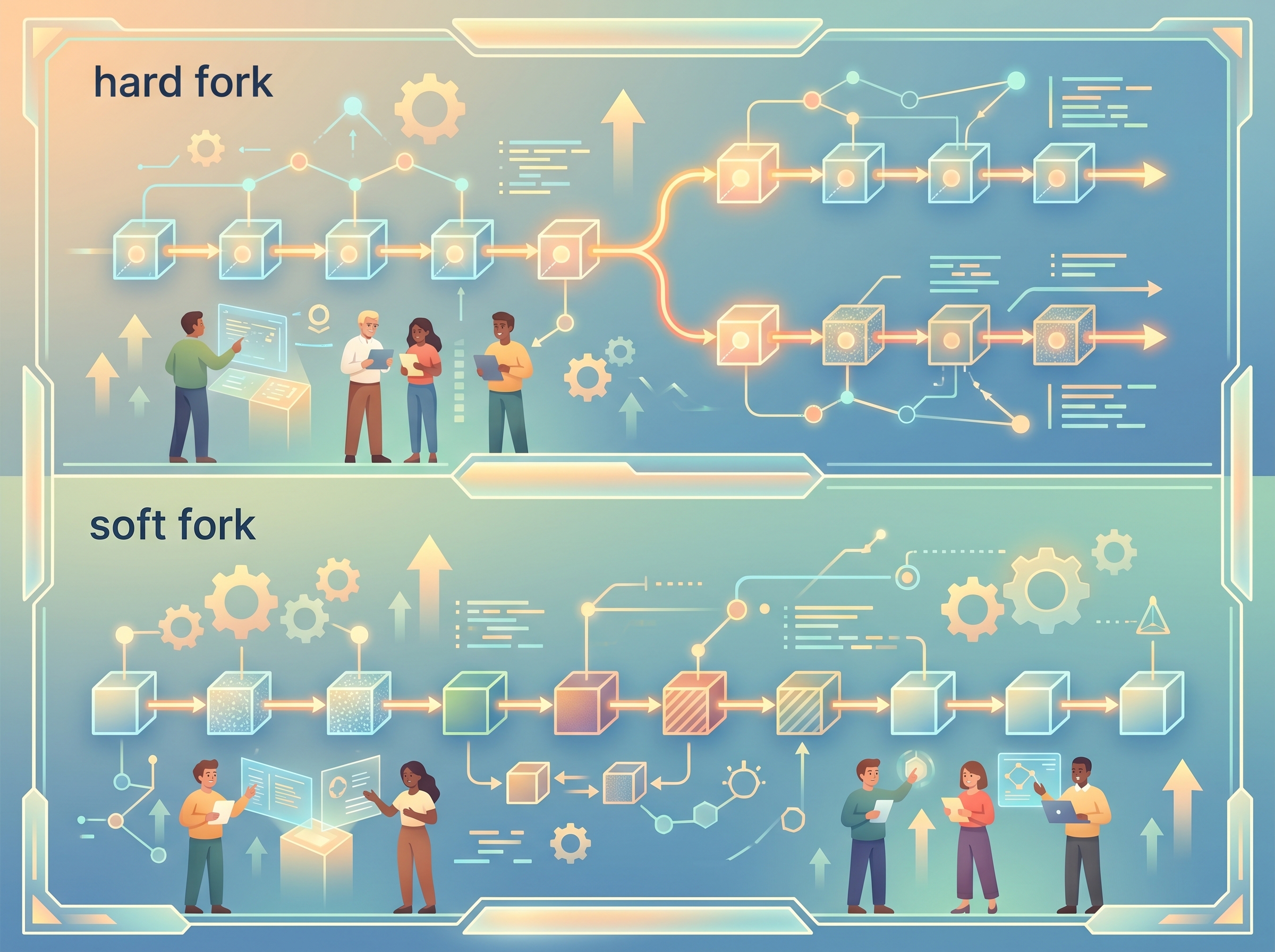 Diagram of hard fork and soft fork differences