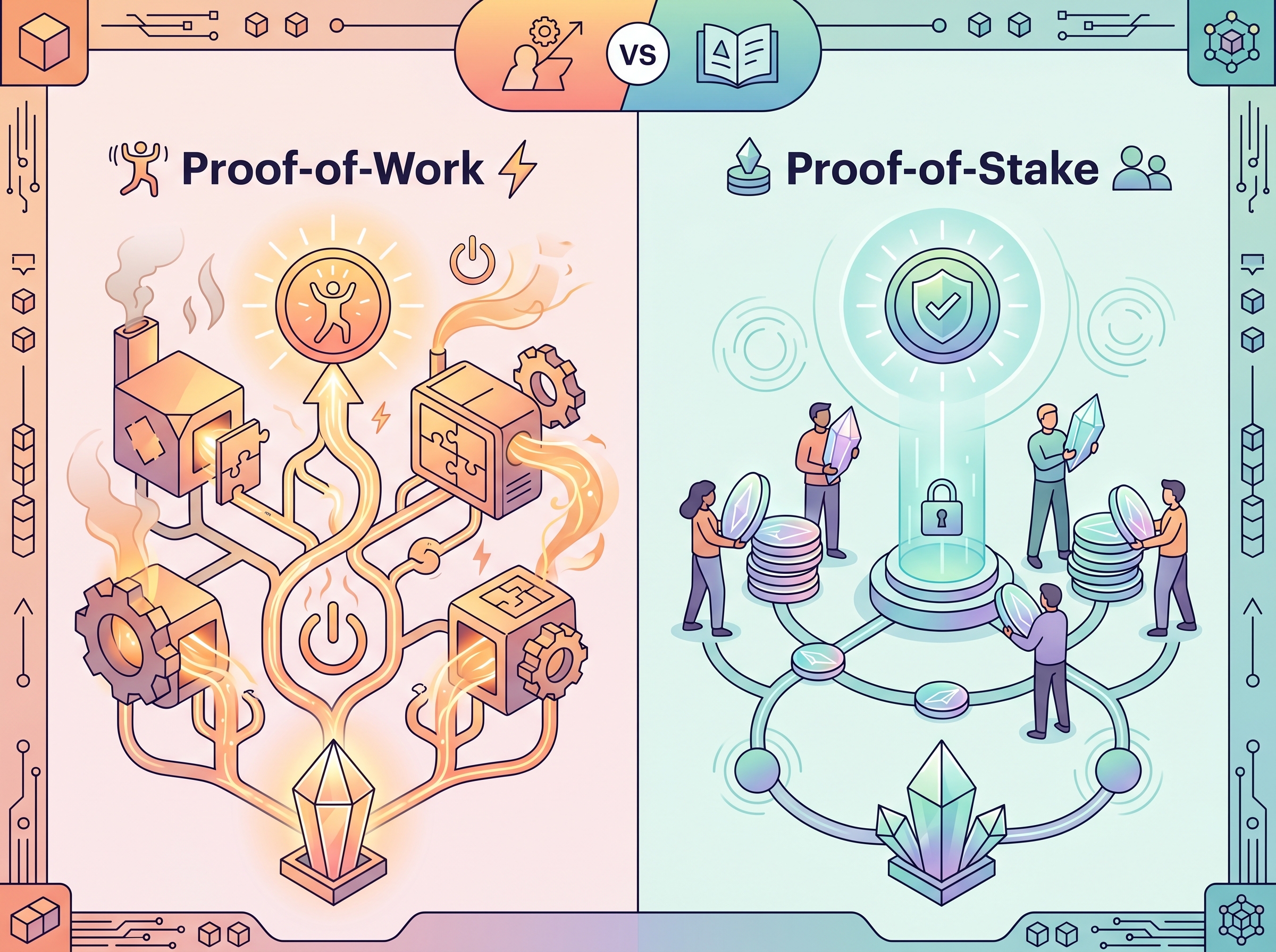 Diagram comparing Proof-of-Work and Proof-of-Stake